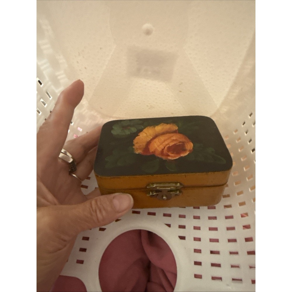 Vintage Rose Trinket Box Hand Painted Hinged Fabric Lined